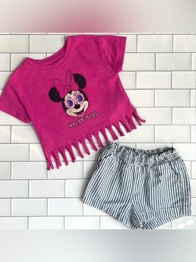 12-18M🩷 Minnie Mouse GAP Disney Vacay Mode Pink Fringe TShirt & Striped Shorts